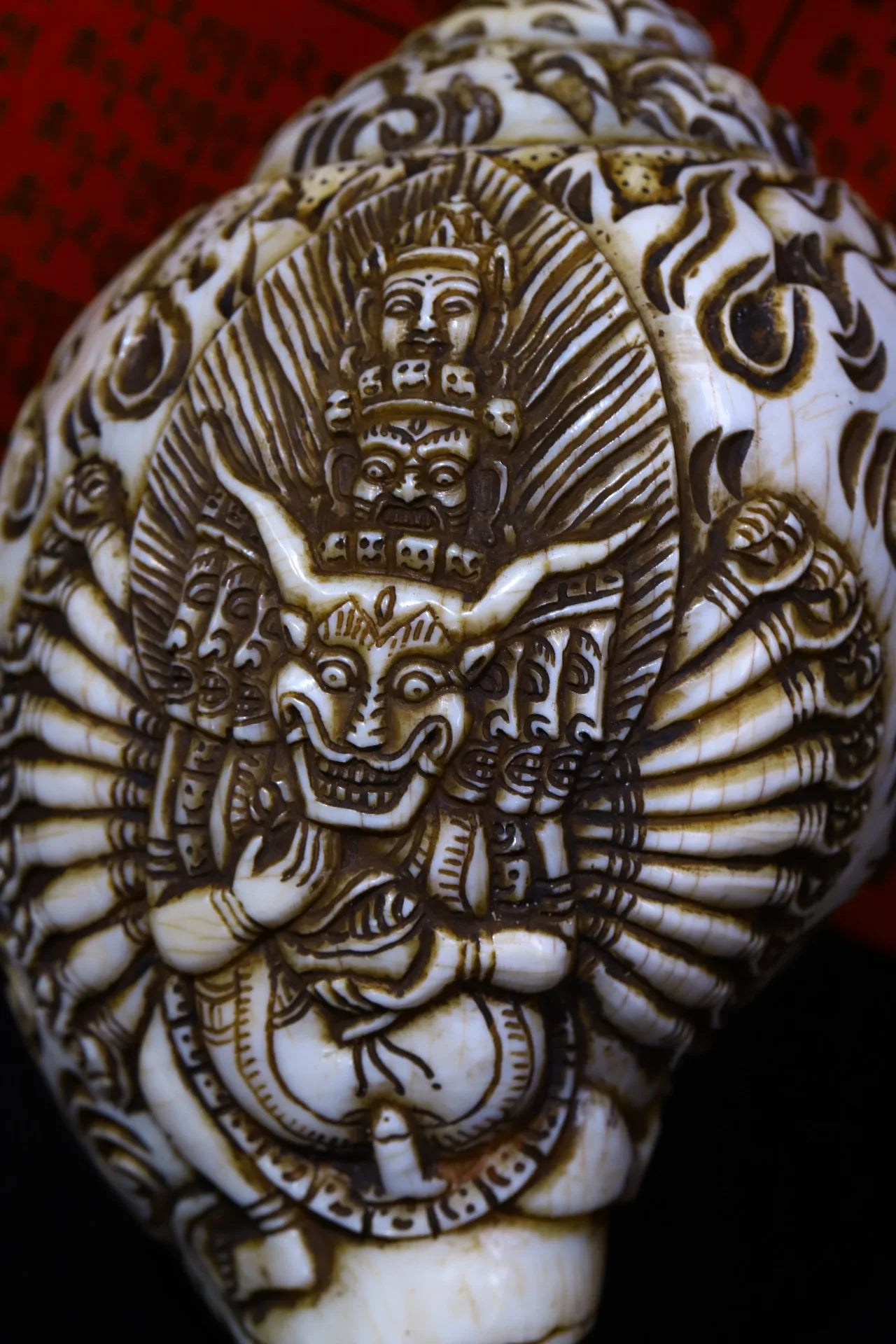 7"Tibetan Temple Collection Old Natural Conch hand carved Yamāntaka river snail conch Buddhist utensils Town house Exorcism