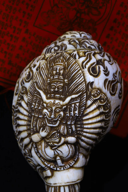 7"Tibetan Temple Collection Old Natural Conch hand carved Yamāntaka river snail conch Buddhist utensils Town house Exorcism