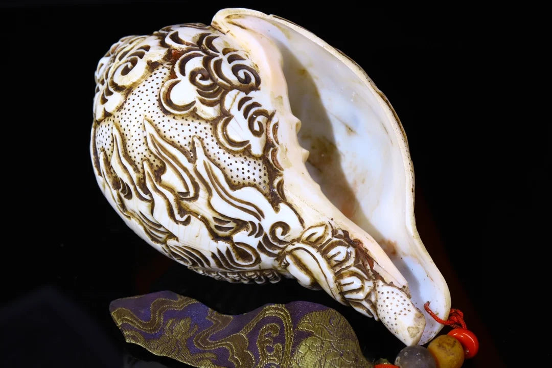 7"Tibetan Temple Collection Old Natural Conch hand carved Yamāntaka river snail conch Buddhist utensils Town house Exorcism