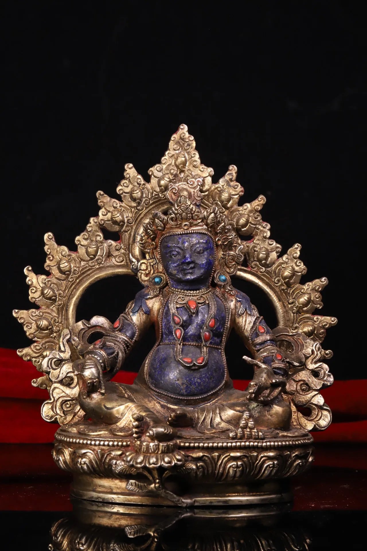 7"Tibetan Temple Collection Old lapis lazuli Tibetan silver Gilded Mosaic Gem Yellow Jambhala Buddha Backlight Worship Hall