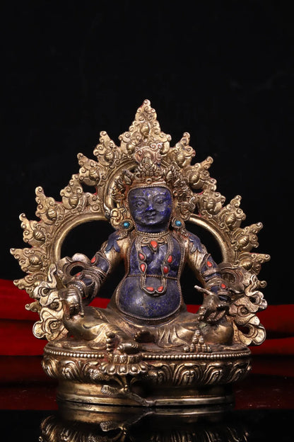 7"Tibetan Temple Collection Old lapis lazuli Tibetan silver Gilded Mosaic Gem Yellow Jambhala Buddha Backlight Worship Hall