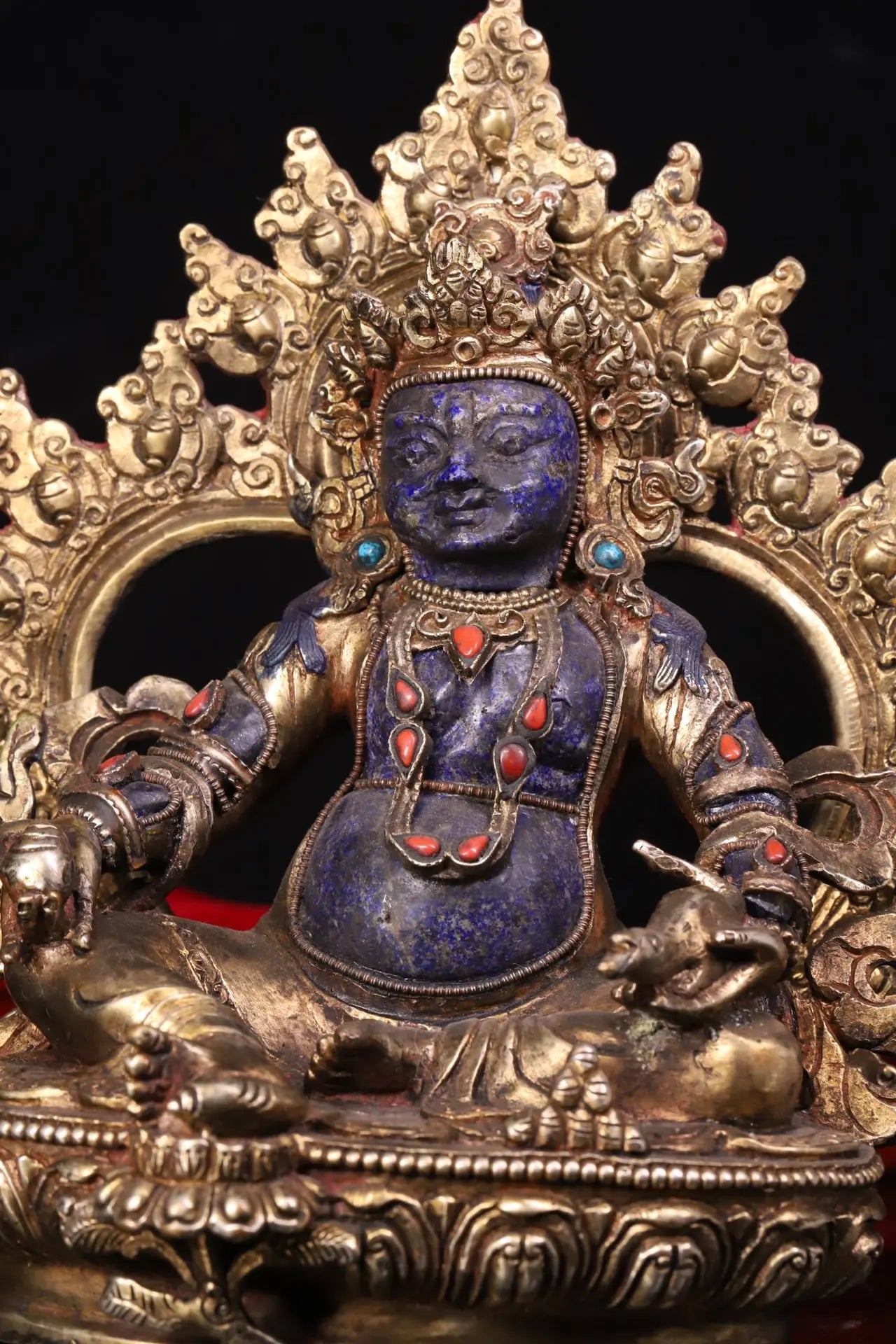 7"Tibetan Temple Collection Old lapis lazuli Tibetan silver Gilded Mosaic Gem Yellow Jambhala Buddha Backlight Worship Hall