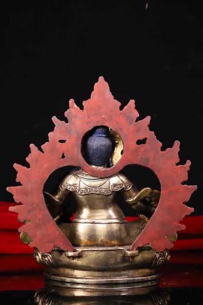 7"Tibetan Temple Collection Old lapis lazuli Tibetan silver Gilded Mosaic Gem Yellow Jambhala Buddha Backlight Worship Hall
