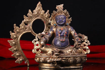 7"Tibetan Temple Collection Old lapis lazuli Tibetan silver Gilded Mosaic Gem Yellow Jambhala Buddha Backlight Worship Hall