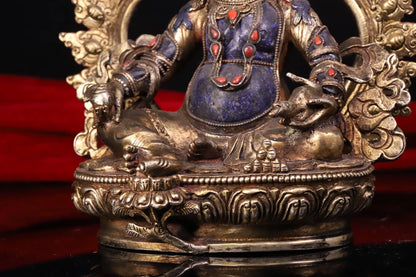 7"Tibetan Temple Collection Old lapis lazuli Tibetan silver Gilded Mosaic Gem Yellow Jambhala Buddha Backlight Worship Hall