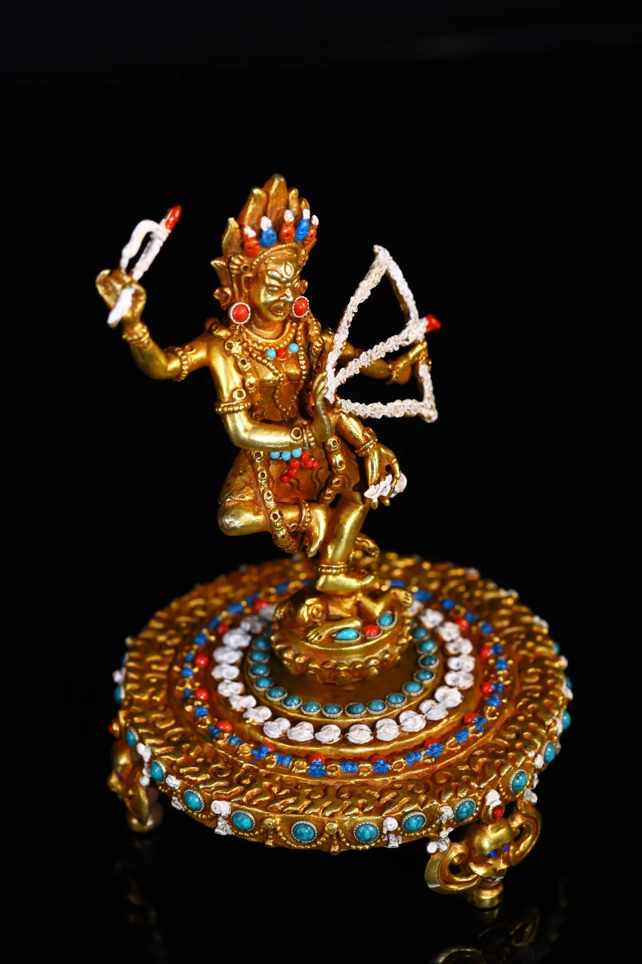 7"Tibetan Temple Collection Old purple Bronze Gilded Painted Mosaic Gem Marici Buddha Lotus Buddha Platform Worship Hall