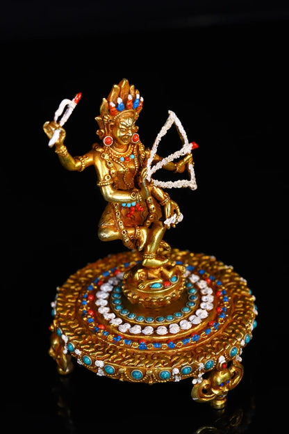 7"Tibetan Temple Collection Old purple Bronze Gilded Painted Mosaic Gem Marici Buddha Lotus Buddha Platform Worship Hall