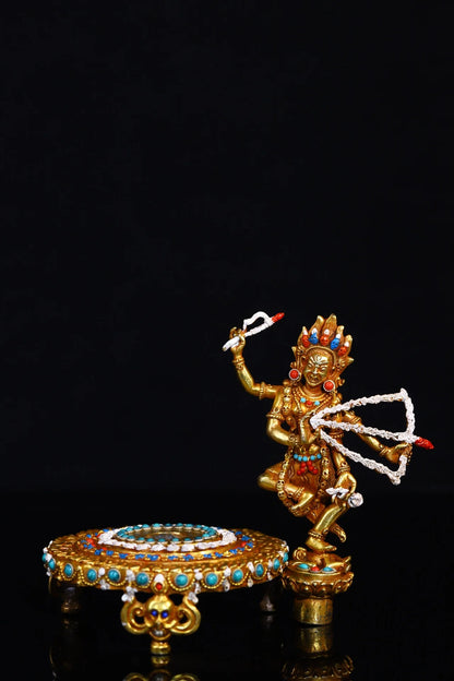 7"Tibetan Temple Collection Old purple Bronze Gilded Painted Mosaic Gem Marici Buddha Lotus Buddha Platform Worship Hall