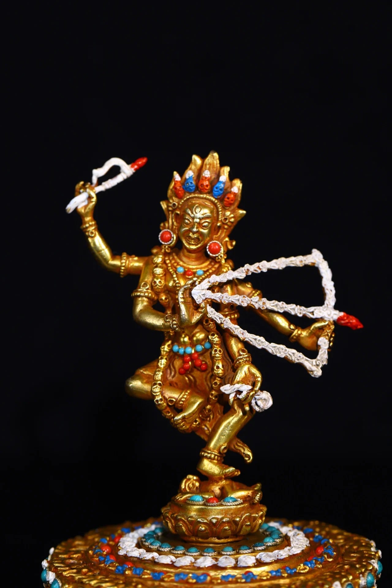 7"Tibetan Temple Collection Old purple Bronze Gilded Painted Mosaic Gem Marici Buddha Lotus Buddha Platform Worship Hall