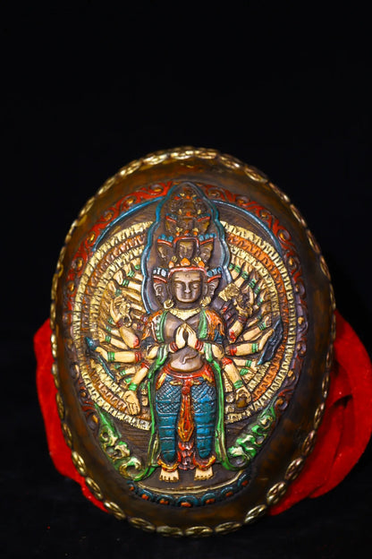 7"Tibetan Temple Old Tibetan silver Painted mosaic Gabala Bowl Skull head 1000 Arm Guanyin Kapala Bowl Cup Amulet DharTown House