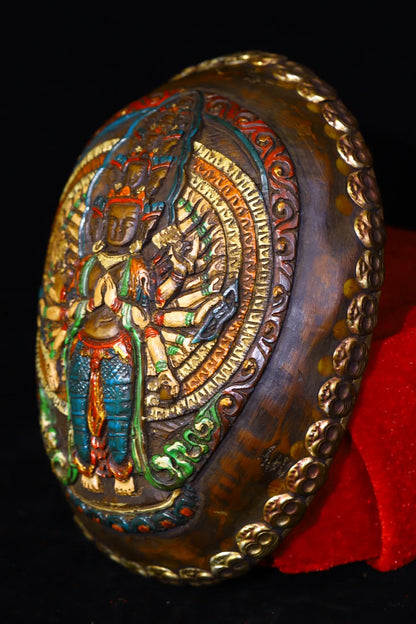 7"Tibetan Temple Old Tibetan silver Painted mosaic Gabala Bowl Skull head 1000 Arm Guanyin Kapala Bowl Cup Amulet DharTown House