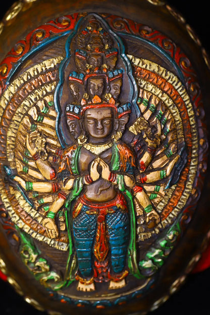 7"Tibetan Temple Old Tibetan silver Painted mosaic Gabala Bowl Skull head 1000 Arm Guanyin Kapala Bowl Cup Amulet DharTown House