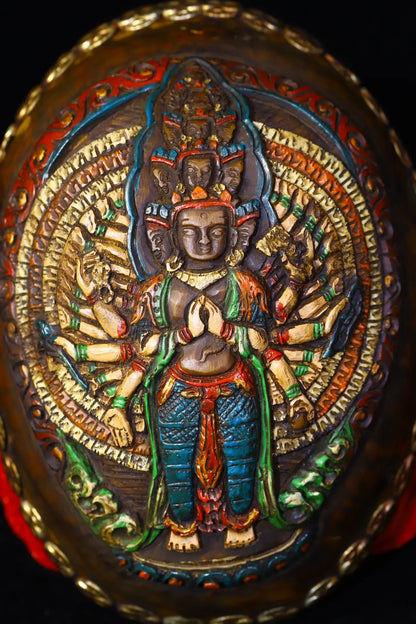 7"Tibetan Temple Old Tibetan silver Painted mosaic Gabala Bowl Skull head 1000 Arm Guanyin Kapala Bowl Cup Amulet DharTown House