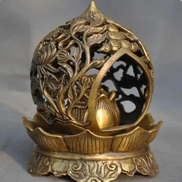 7" old China Feng Shui brass bird lotus statue Incense Burner censer
