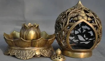 7" old China Feng Shui brass bird lotus statue Incense Burner censer