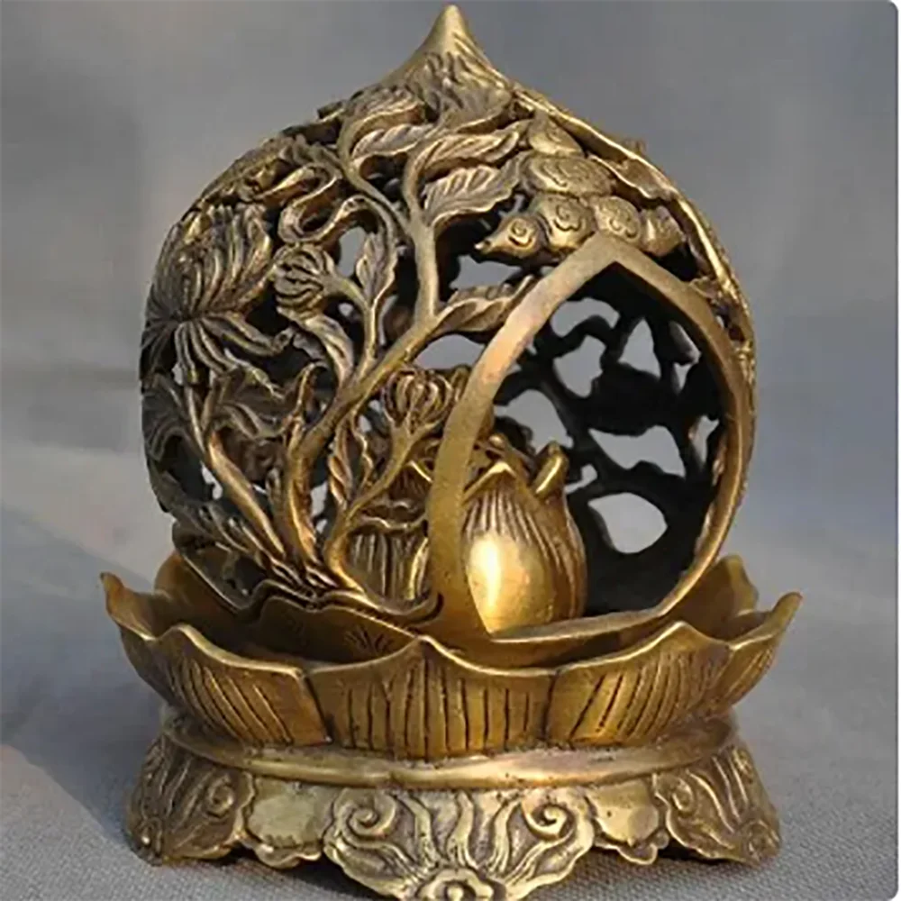 7" old China Feng Shui brass bird lotus statue Incense Burner censer