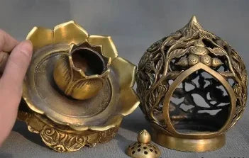 7" old China Feng Shui brass bird lotus statue Incense Burner censer