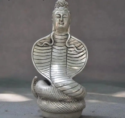 7"old Tibet Tibetan silver Buddhism snake Naga Serpent Bodhisattva Buddha statue