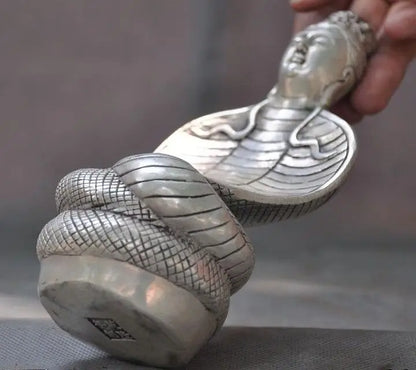 7"old Tibet Tibetan silver Buddhism snake Naga Serpent Bodhisattva Buddha statue