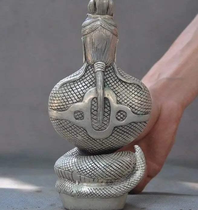 7"old Tibet Tibetan silver Buddhism snake Naga Serpent Bodhisattva Buddha statue