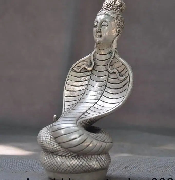 7"old Tibet Tibetan silver Buddhism snake Naga Serpent Bodhisattva Buddha statue