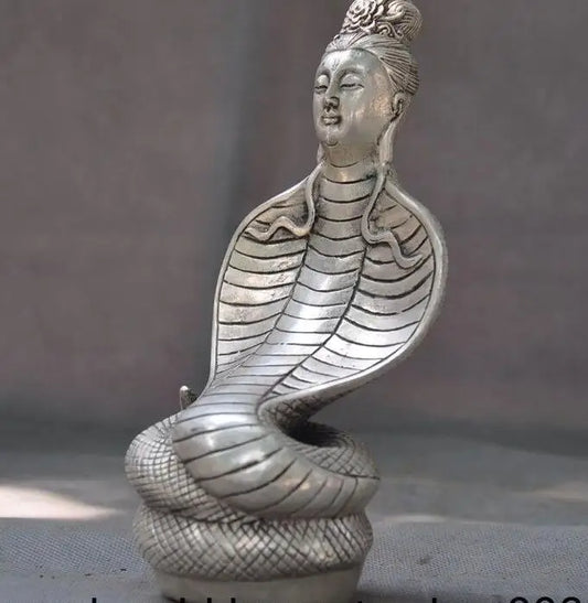 7"old Tibet Tibetan silver Buddhism snake Naga Serpent Bodhisattva Buddha statue