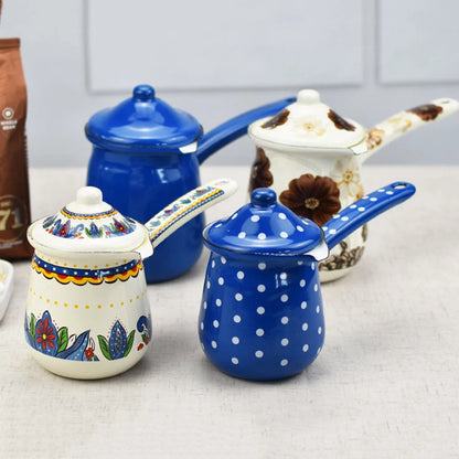 700ml Enamel Small Milk Pot Long Handle Butter Melting Bucket English Coffee Milk Cup Mini Brew Coffee Bucket Milk Heating Pot
