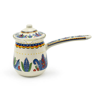 700ml Enamel Small Milk Pot Long Handle Butter Melting Bucket English Coffee Milk Cup Mini Brew Coffee Bucket Milk Heating Pot
