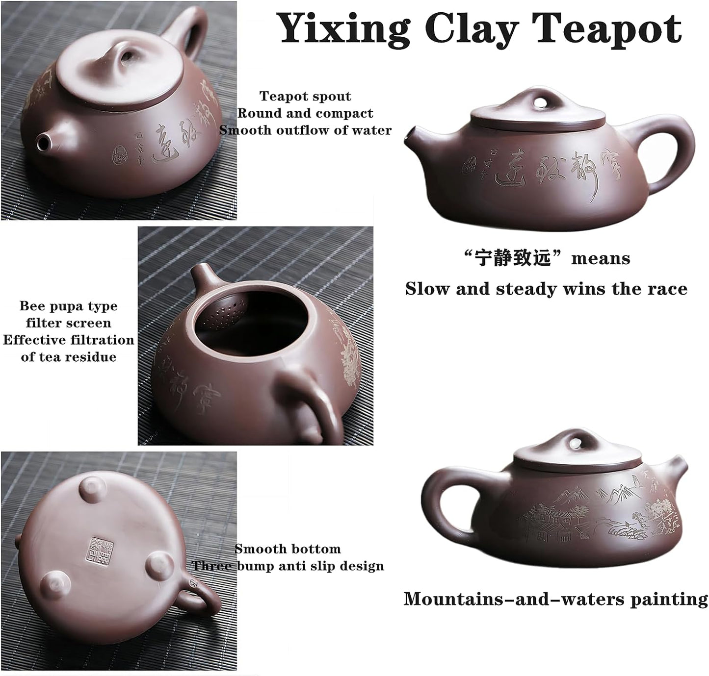 Clay Teapot Teacup Set, 6 oz Chinese Yixing Zisha Teapot with 4 Clay Tea Cups Portable Travel Kungfu Tea Set (Purple clay)