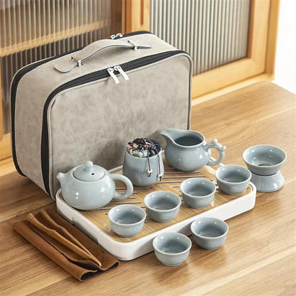 Afternoon Tea Set Travel Ceramic Kung Fu Tea Set Tray Full Portable Storage Bag Pot Cup Tea Set for Adults (Color : E)