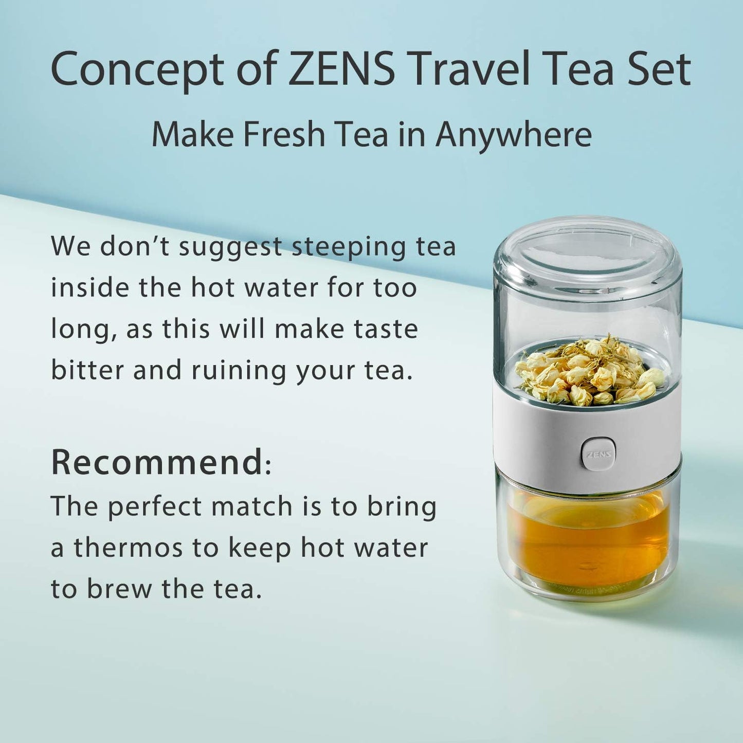 ZENS Travel Tea Set,Tritan Portable Teapot Infuser Set for One with 200ml Double Walled Teacup for Loose Tea,To Go Light Grey Travel Case for Office or Homeworking Daily Tea