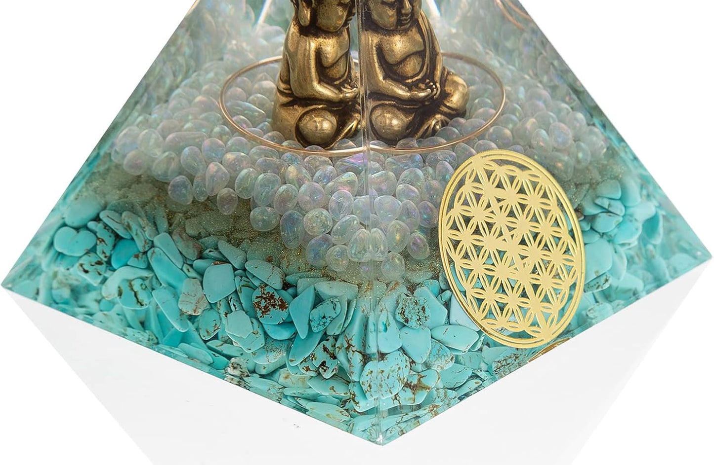 Little Buddha Statue in Healing Crystal Organite Pyramid - Turquoise with Baby Buddha Figurine, Reiki Chakra Meditation Buddha Decor