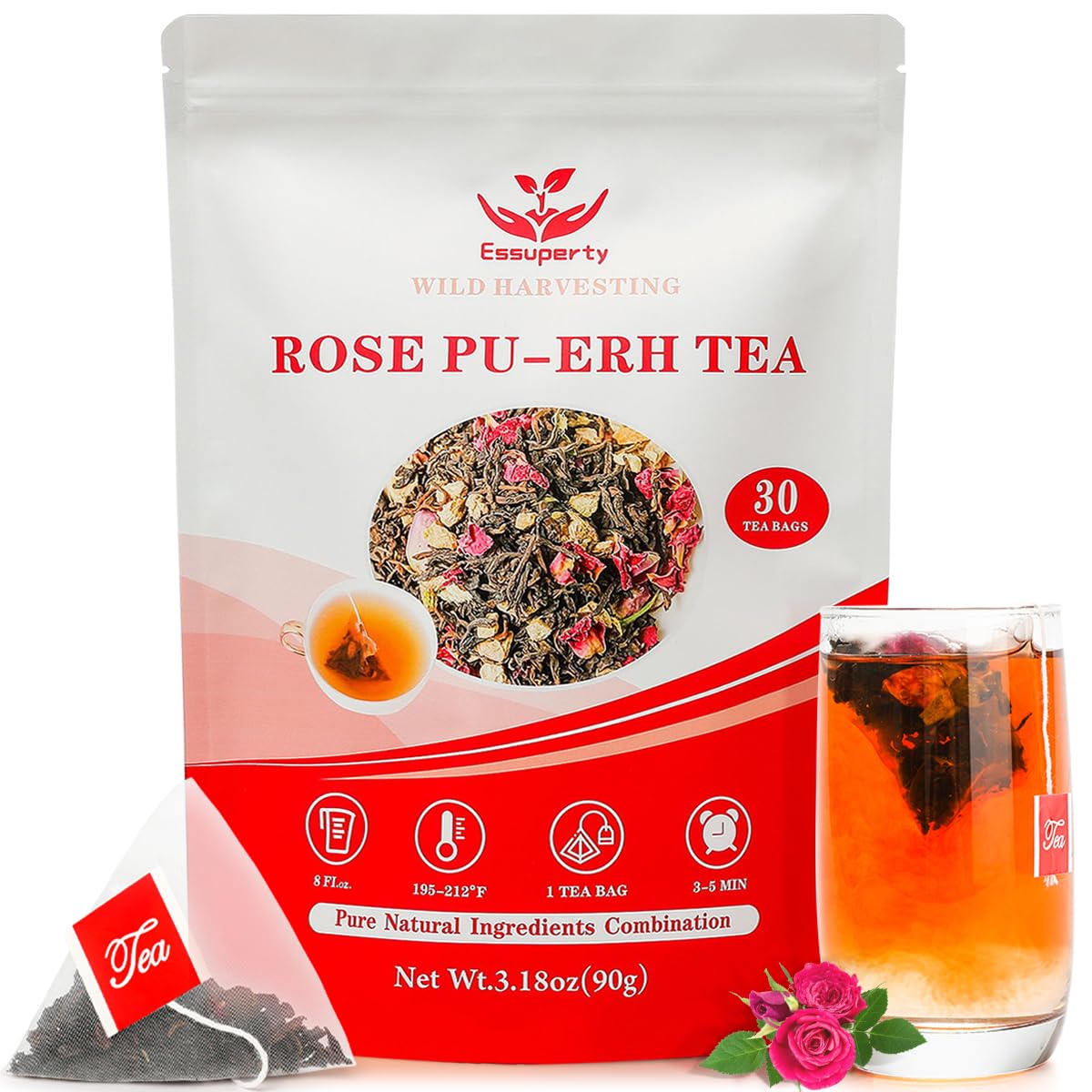Essuperty- Rose Pu 'er Tea, Rose Puerh Tea Bags, Eco-Conscious Tea Bags, Caffeinated, All Natural Ingredients