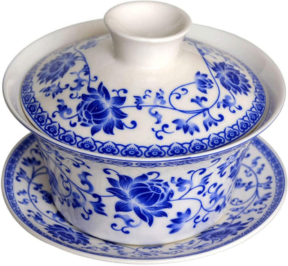 honeylive Gaiwan Chinese 150ml-200ml Sancai tureen Tray Cup Blue White Porcelain Saucer Lid (simple A 5oz)