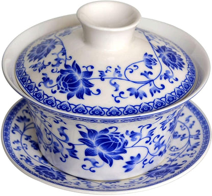honeylive Gaiwan Chinese 150ml-200ml Sancai tureen Tray Cup Blue White Porcelain Saucer Lid (simple A 5oz)