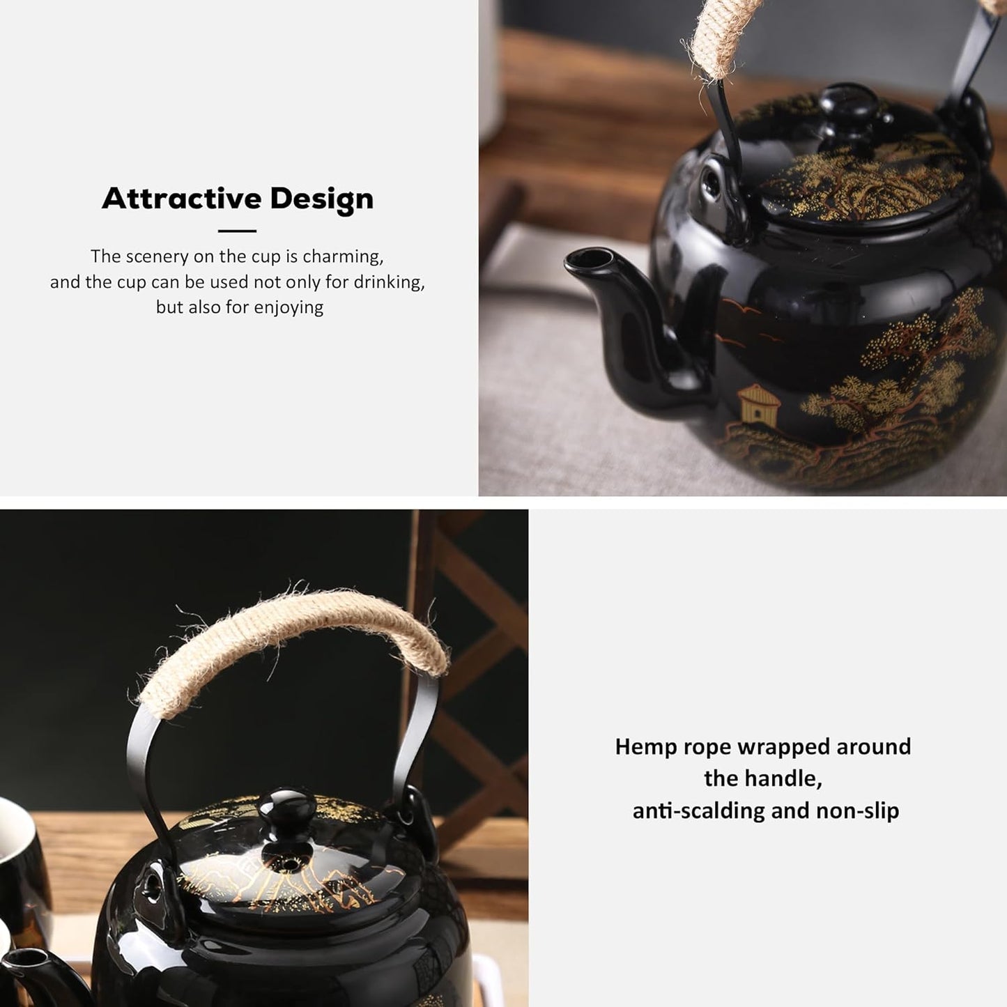 DUJUST Traditional Japanese Tea Pot, Black Porcelain Chinese Teapot with Stainless Infuser, Beautiful Asian Teapot for Adults, Tea Lover/Women/Men (Countryside in Golden)