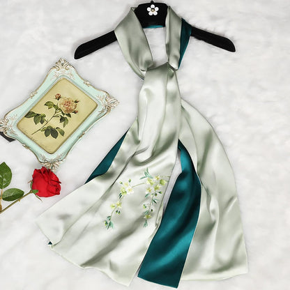 RAN Winter Warm Scarfs Double-Layer Soft Silk Scarf Shawl, 68.9" Long Lightweight Shawl Wrap, Embroidered by Hand with Floral Pattern