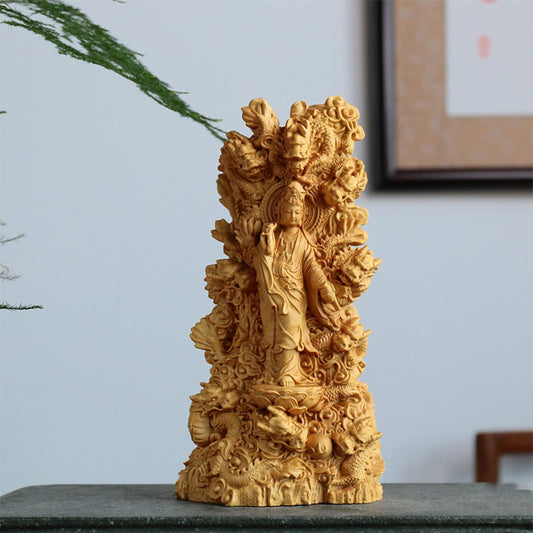 YQLKD Sculptures Solid Wood Carving Kowloon Guanyin Statue