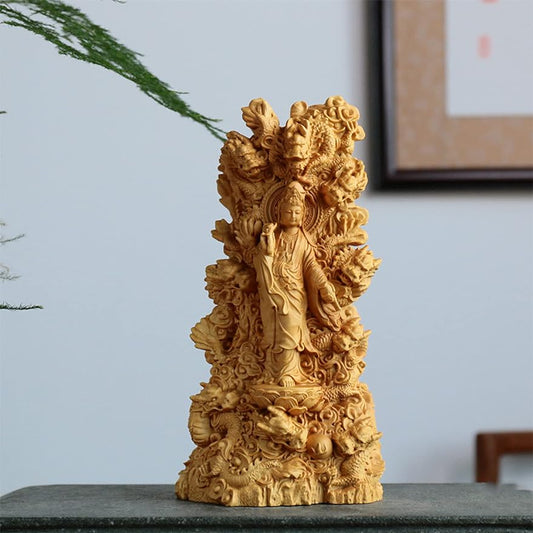 YQLKD Sculptures Solid Wood Carving Kowloon Guanyin Statue