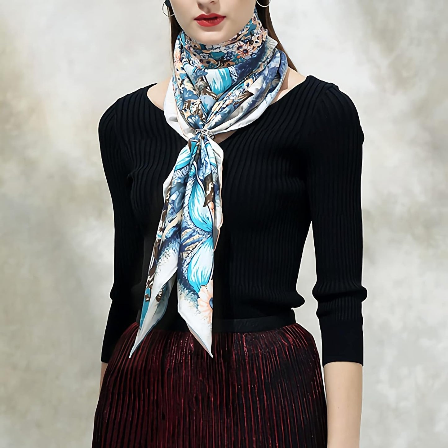 RAN Winter Warm Scarfs Natural Mulberry Silk Scarfs for Women, Silk Satin Square Head Wraps, 41.7" x 41.7" Lightweight Printed Headscarf