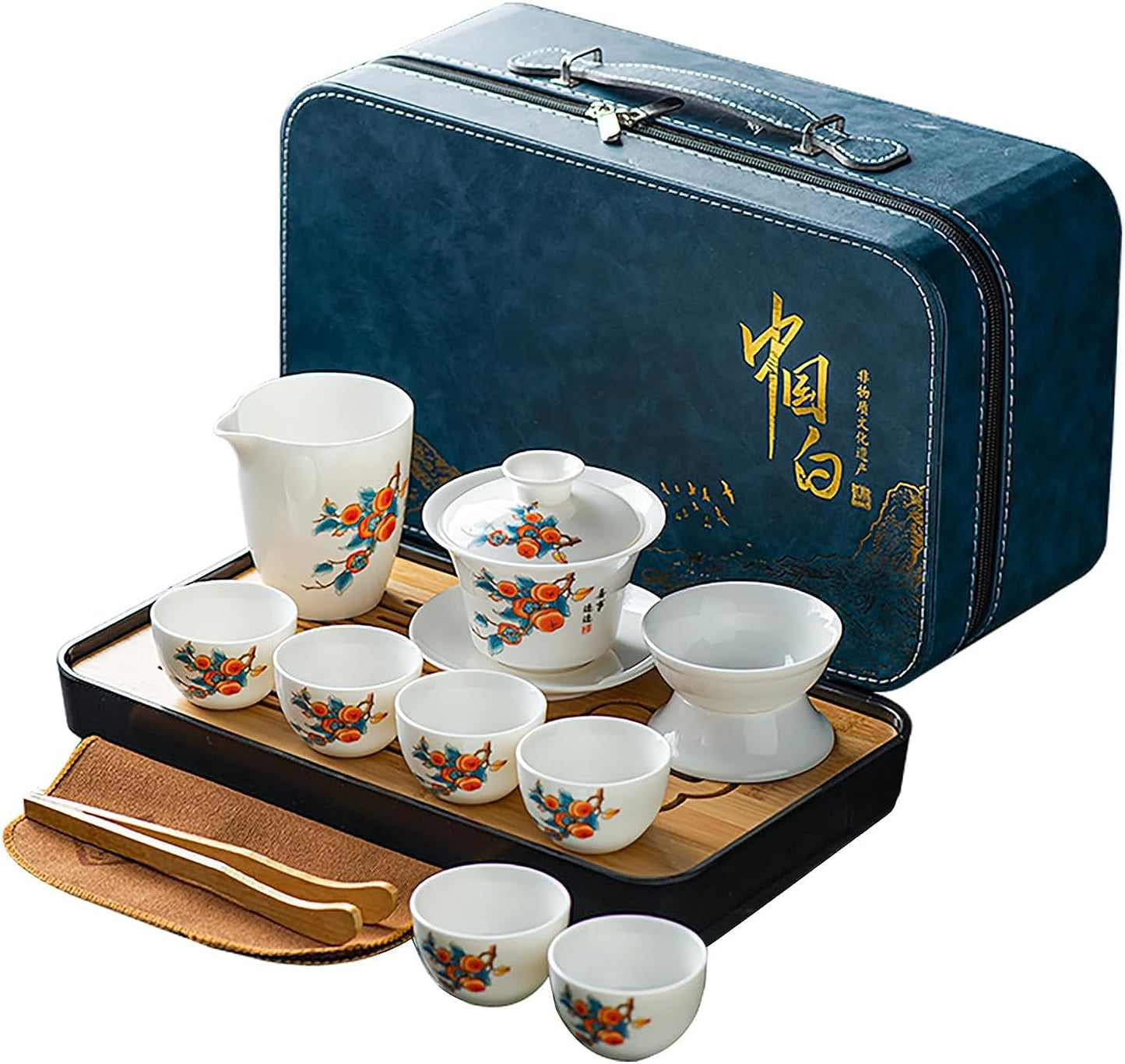 ICHAG Asian tea set |Kungfu tea sets |Ceramic Portable tea set|tea sets for adult |13-piece with grey leather case |Tea set gift for Home,Outdoor,Business