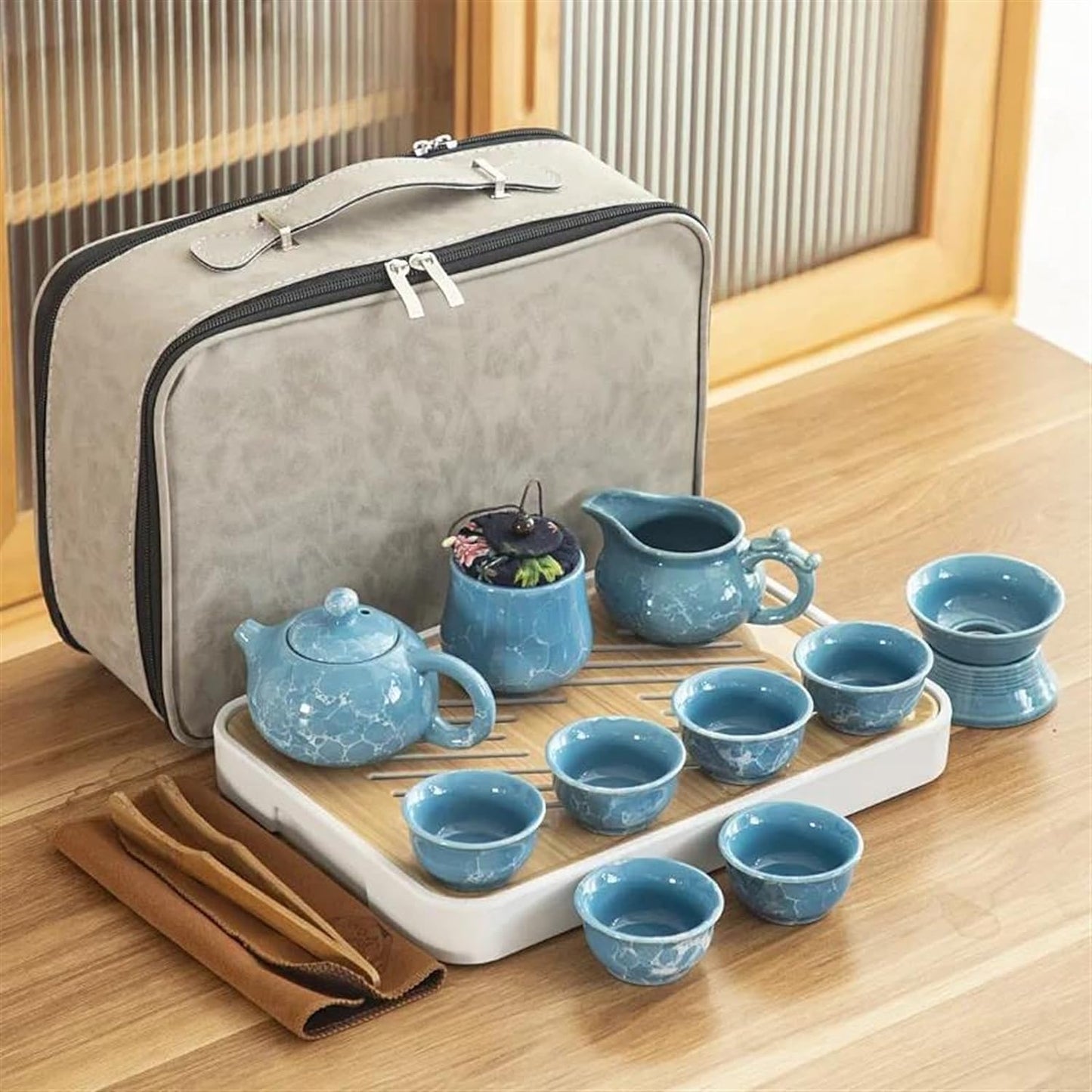 Afternoon Tea Set Travel Ceramic Kung Fu Tea Set Tray Full Portable Storage Bag Pot Cup Tea Set for Adults (Color : E)
