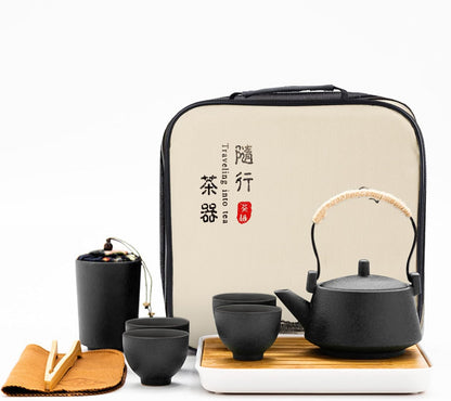 fanquare Chinese Gold Ceramic Kungfu Tea Set, Japanese Travel Tea Set with Tray, Portable Bag, Black Teapot, Tea Strainer