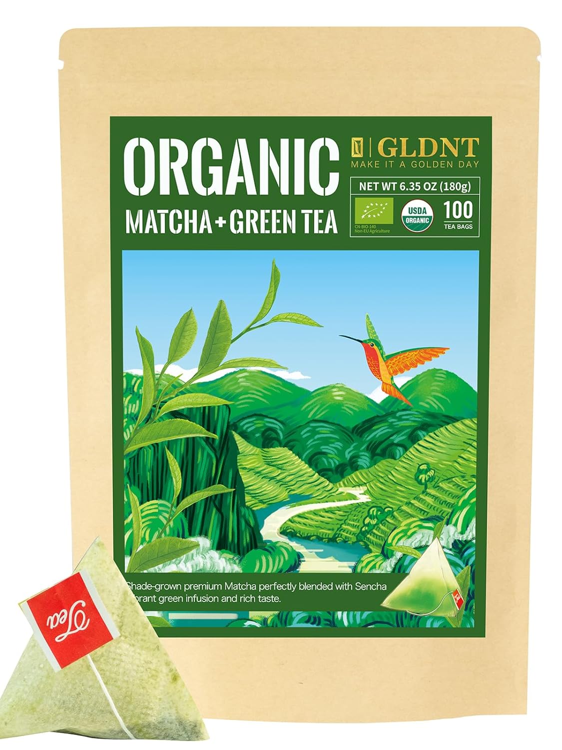 GLDNT Organic Pu-erh Tea Bags, Fermented Yunnan Dark Tea, Bold & Mellow Flavor, Caffeinated, 100 Count