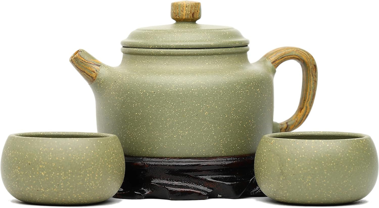 SILINE Zisha Teapot Set - Lotus 11.3 Oz,Genuine Yixing Cyan Clay Handmade Tea Pot with 2 Cups for Infuse Brew Kung Fu Tea