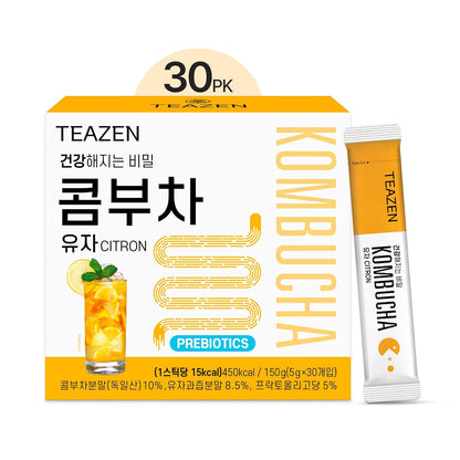 TEAZEN Pineapple Kombucha Tea, Live Probiotics & Postbiotics, Sugar Free, Low Caffeine, Sparkling Fermented Kombucha Powder from Korea, 30 Sticks, 5.29oz
