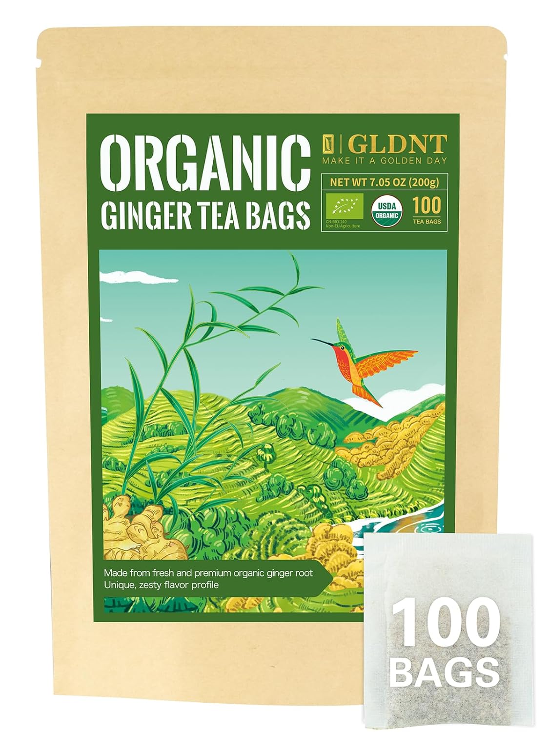 GLDNT Organic Pu-erh Tea Bags, Fermented Yunnan Dark Tea, Bold & Mellow Flavor, Caffeinated, 100 Count