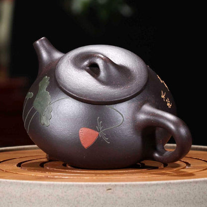 Yxhupot Teapot 8oz Chinese Yixing Genuine Black Clay Zisha Shipiao Pot Infusers Loose Tea (embossed flower)