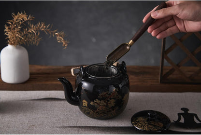 DUJUST Traditional Japanese Tea Pot, Black Porcelain Chinese Teapot with Stainless Infuser, Beautiful Asian Teapot for Adults, Tea Lover/Women/Men (Countryside in Golden)