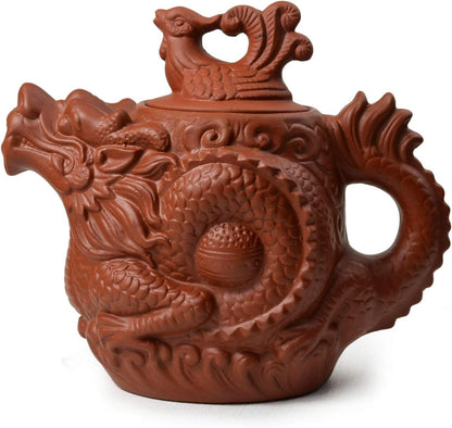 Teapot Chinese Dragon Phoenix Auspicious Happy Zisha Gongfu Tea Pots Red for Loose Tea (18oz Red)